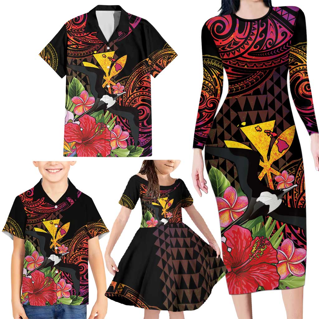 Hawaii Iwa Bird Family Matching Long Sleeve Bodycon Dress and Hawaiian Shirt Great Frigatebird Kanaka Tropical Hippie Style - Polynesian Pride