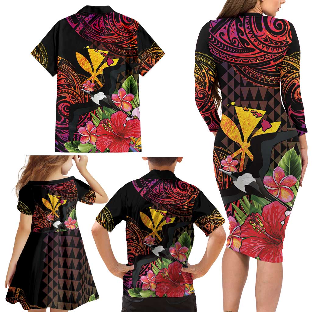 Hawaii Iwa Bird Family Matching Long Sleeve Bodycon Dress and Hawaiian Shirt Great Frigatebird Kanaka Tropical Hippie Style - Polynesian Pride