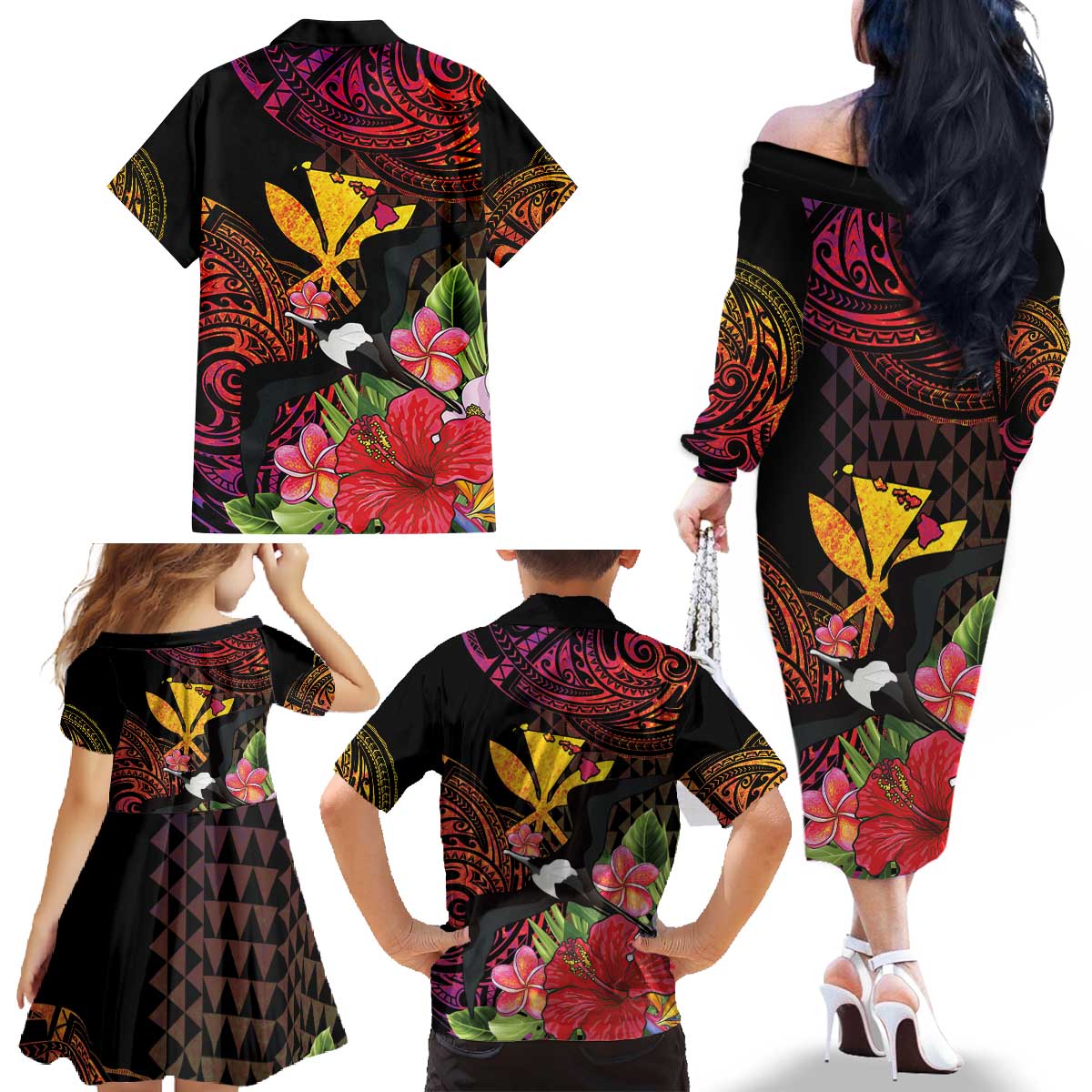 Hawaii Iwa Bird Family Matching Off The Shoulder Long Sleeve Dress and Hawaiian Shirt Great Frigatebird Kanaka Tropical Hippie Style - Polynesian Pride