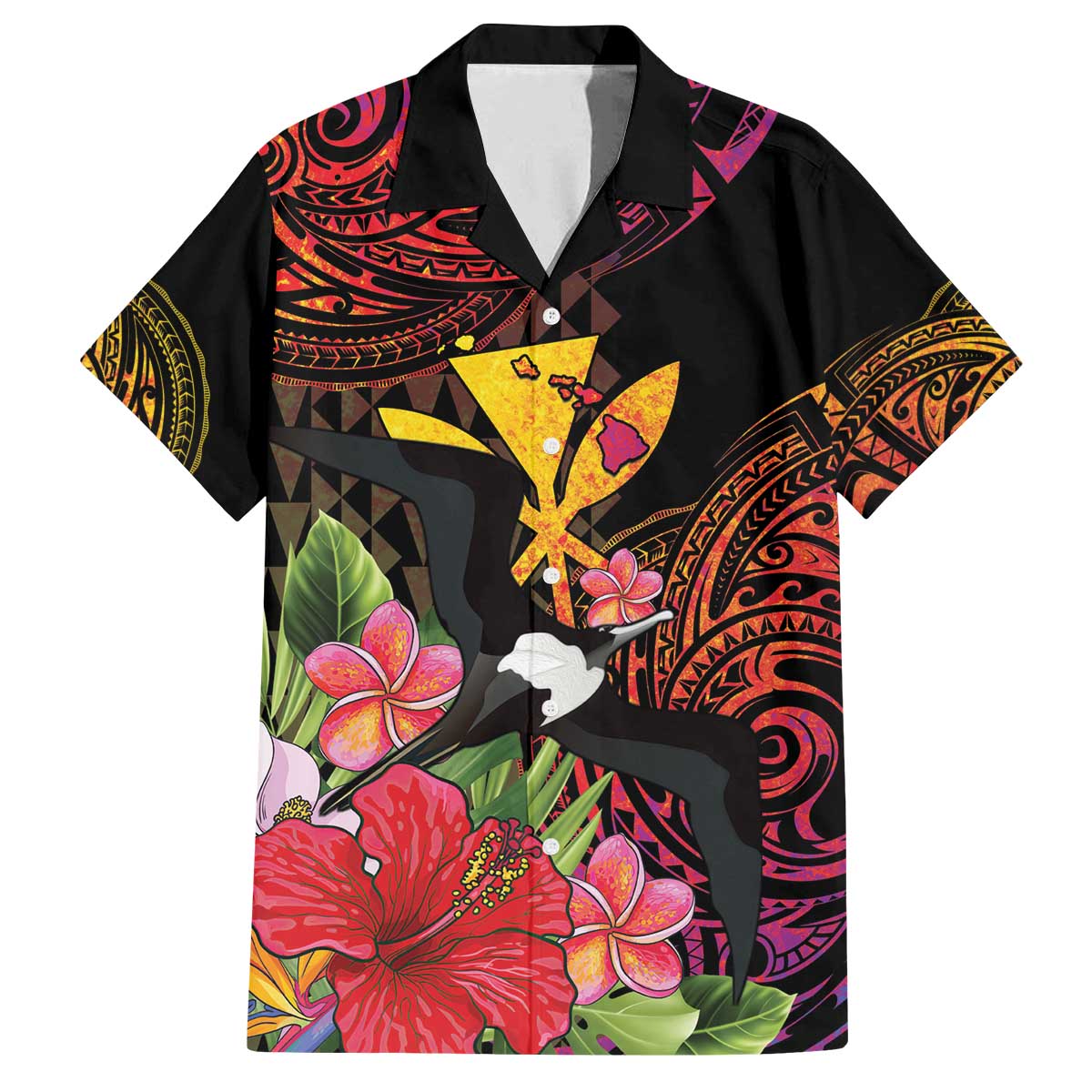 Hawaii Iwa Bird Family Matching Off The Shoulder Long Sleeve Dress and Hawaiian Shirt Great Frigatebird Kanaka Tropical Hippie Style - Polynesian Pride