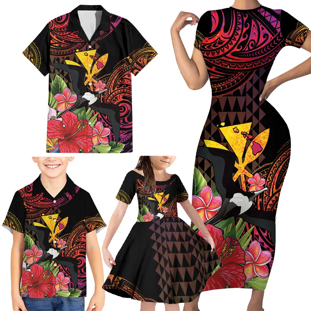 Hawaii Iwa Bird Family Matching Short Sleeve Bodycon Dress and Hawaiian Shirt Great Frigatebird Kanaka Tropical Hippie Style - Polynesian Pride