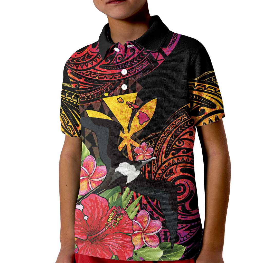 Hawaii Iwa Bird Kid Polo Shirt Great Frigatebird Kanaka Tropical Hippie Style LT14 Kid Black - Polynesian Pride