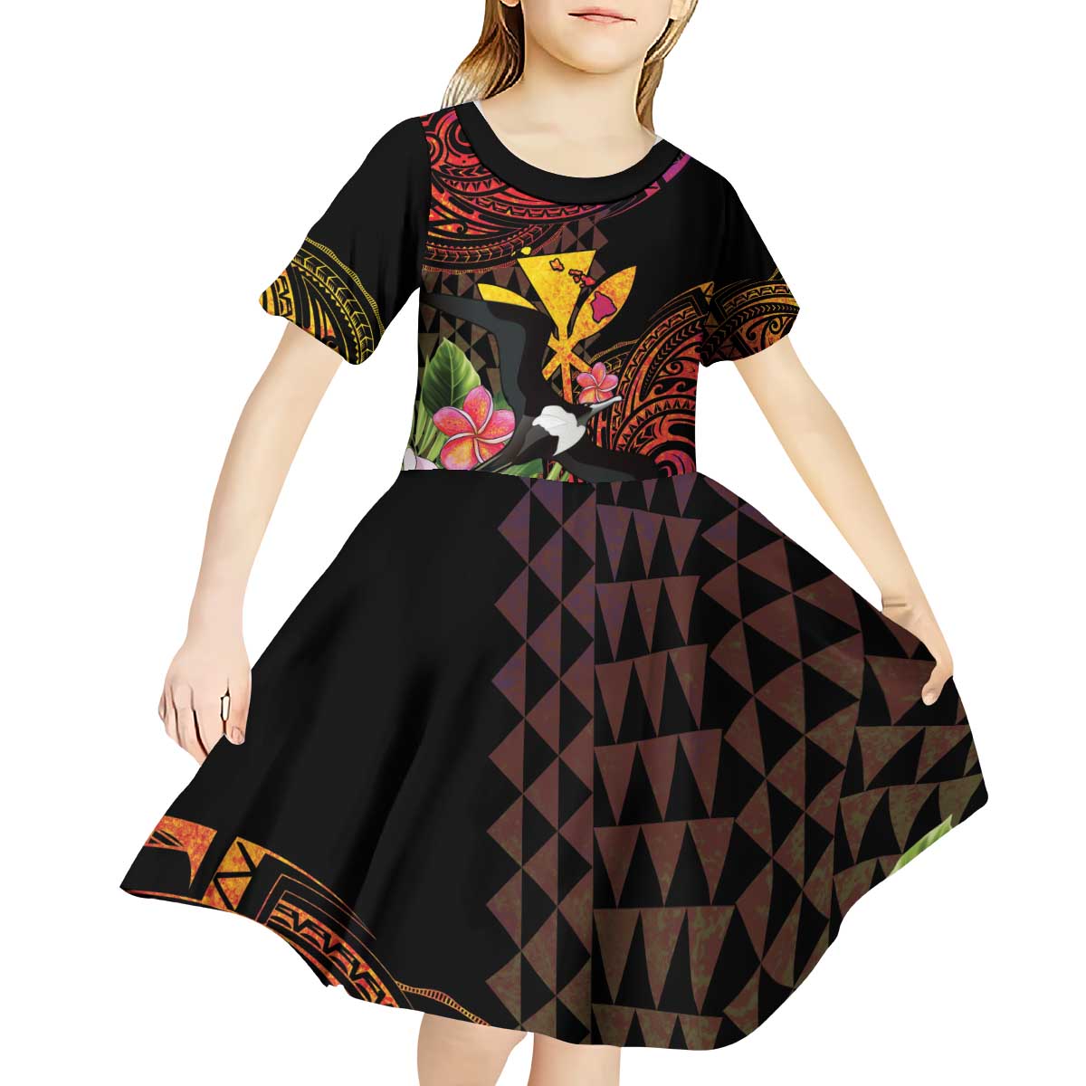 Hawaii Iwa Bird Kid Short Sleeve Dress Great Frigatebird Kanaka Tropical Hippie Style - Polynesian Pride