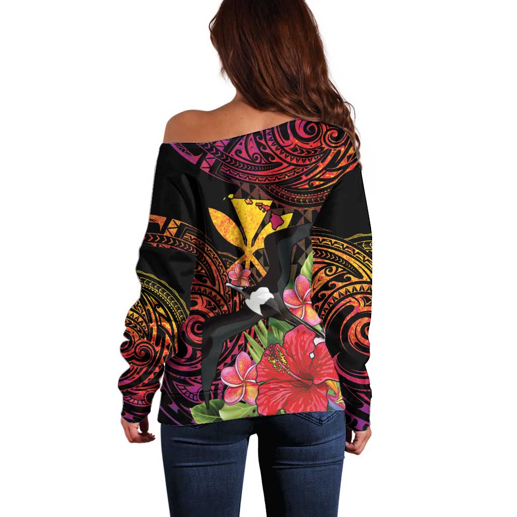 Hawaii Iwa Bird Off Shoulder Sweater Great Frigatebird Kanaka Tropical Hippie Style - Polynesian Pride