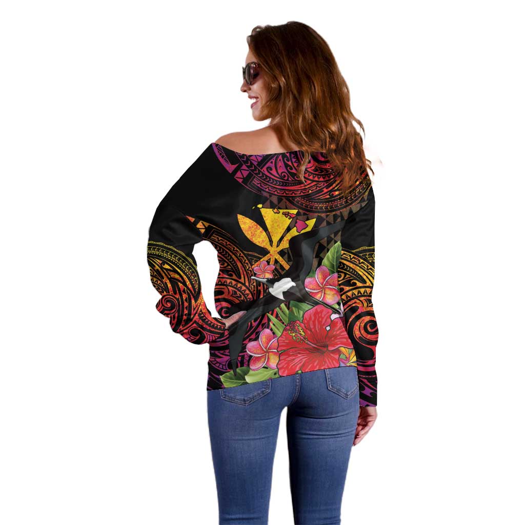 Hawaii Iwa Bird Off Shoulder Sweater Great Frigatebird Kanaka Tropical Hippie Style - Polynesian Pride