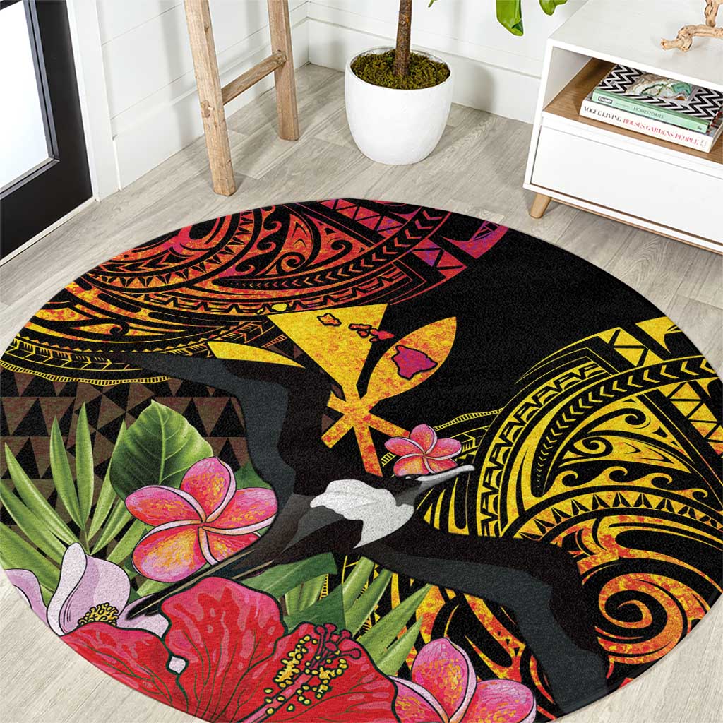 Hawaii Iwa Bird Round Carpet Great Frigatebird Kanaka Tropical Hippie Style LT14 Black - Polynesian Pride