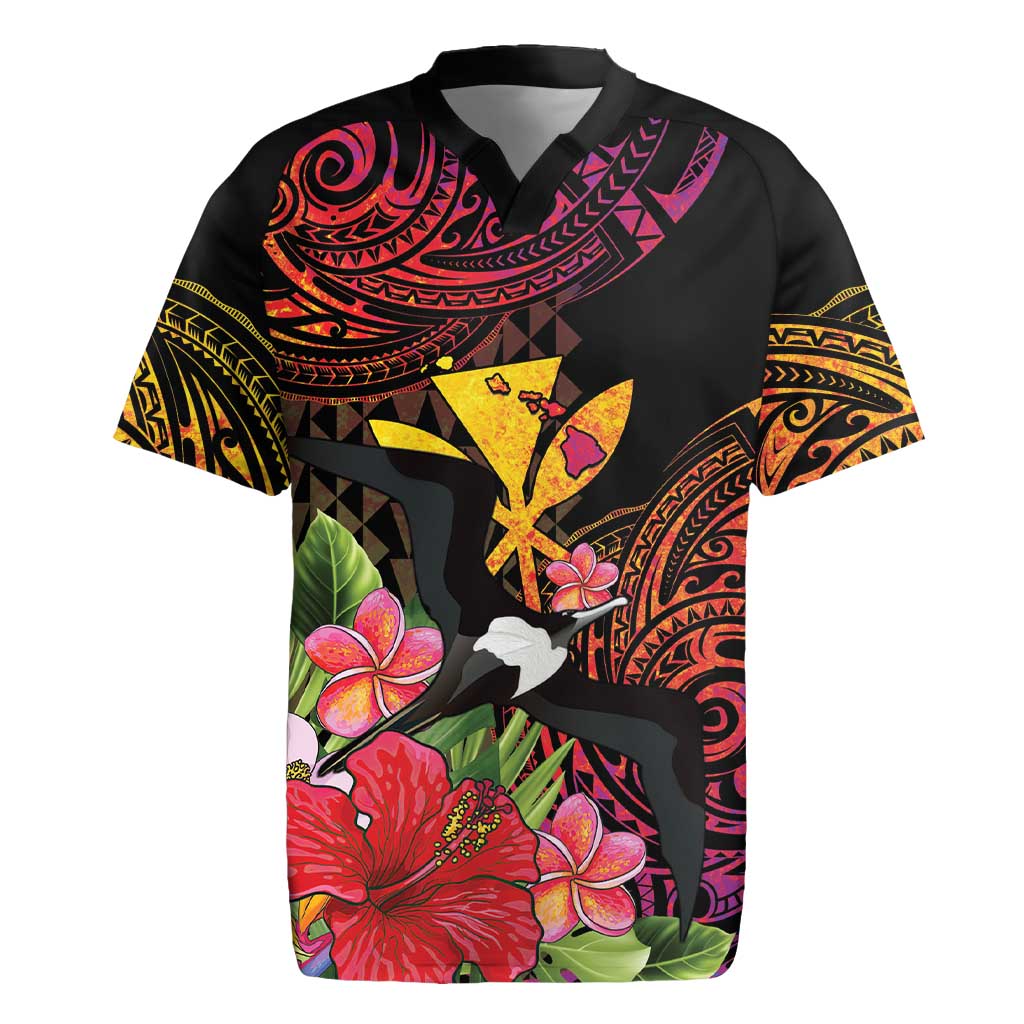 Hawaii Iwa Bird Rugby Jersey Great Frigatebird Kanaka Tropical Hippie Style LT14 Black - Polynesian Pride