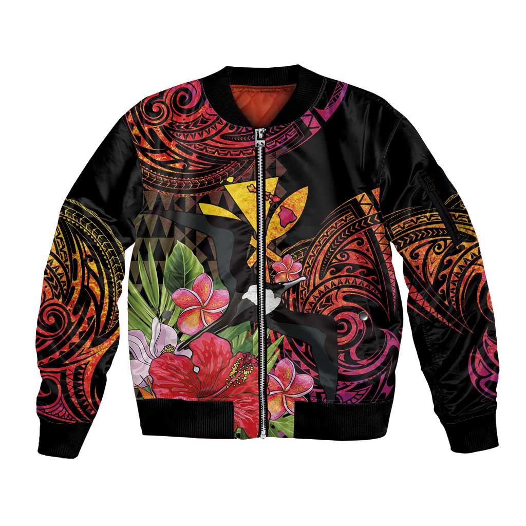 Hawaii Iwa Bird Sleeve Zip Bomber Jacket Great Frigatebird Kanaka Tropical Hippie Style LT14 Unisex Black - Polynesian Pride