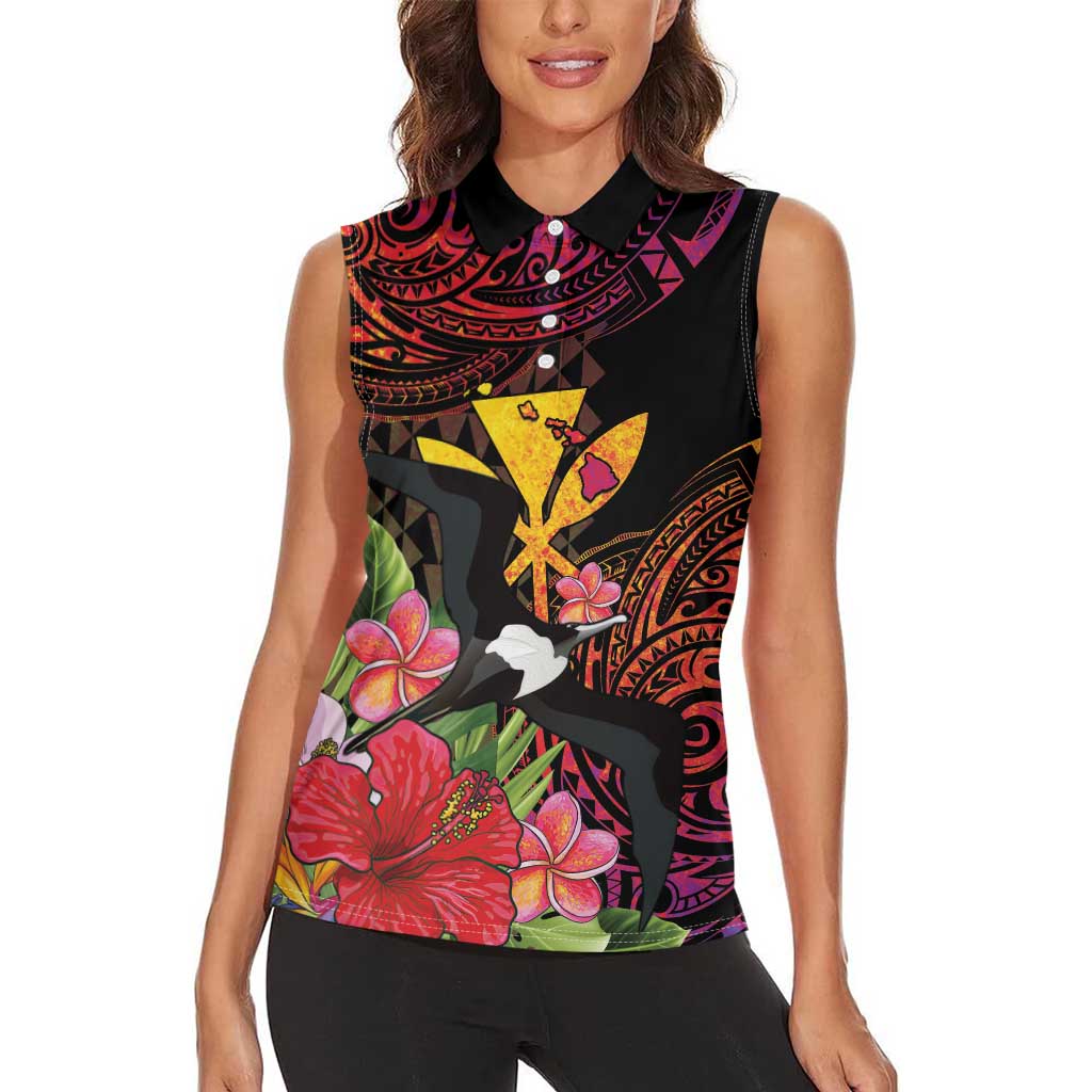 Hawaii Iwa Bird Women Sleeveless Polo Shirt Great Frigatebird Kanaka Tropical Hippie Style - Polynesian Pride