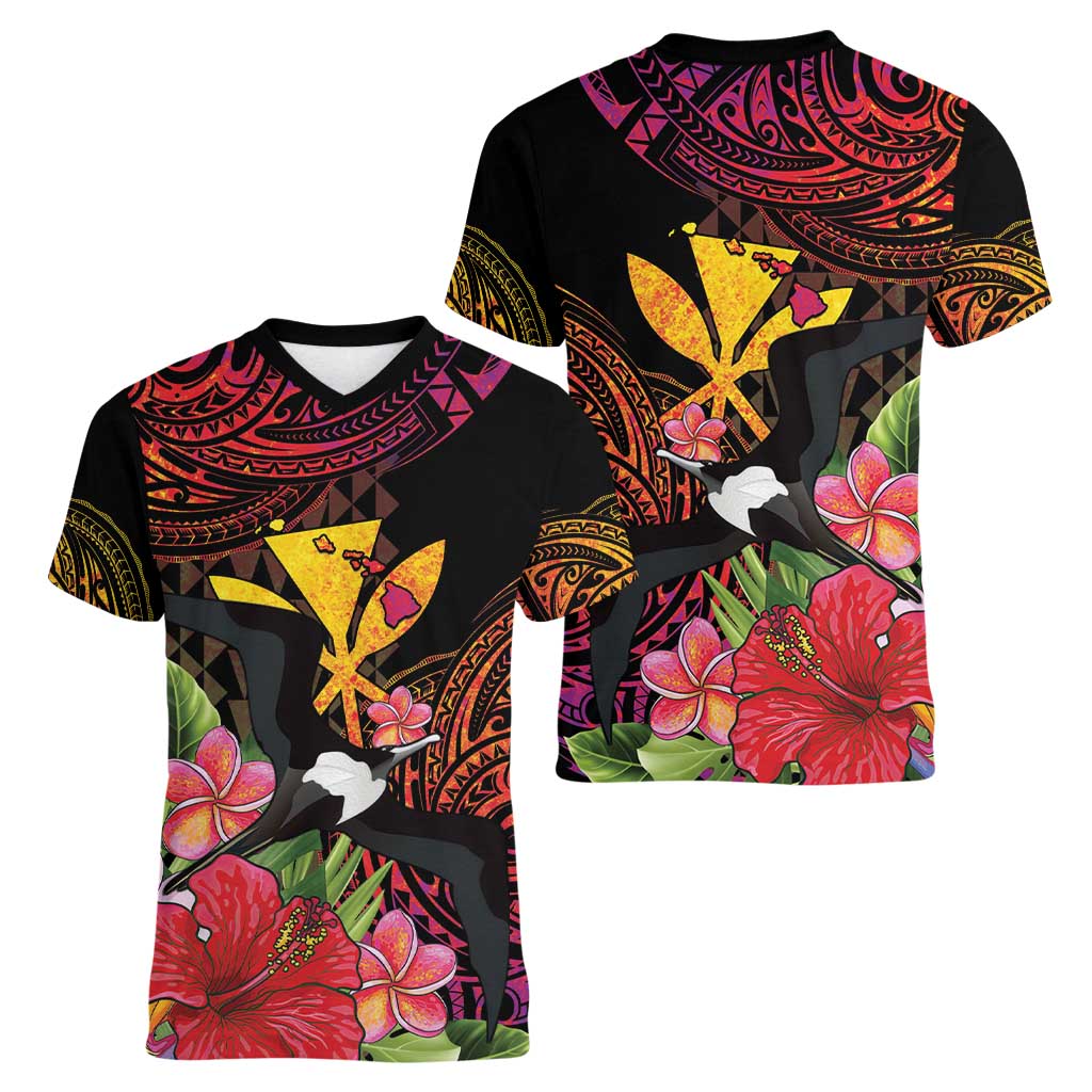 Hawaii Iwa Bird Women V-Neck T-Shirt Great Frigatebird Kanaka Tropical Hippie Style - Polynesian Pride