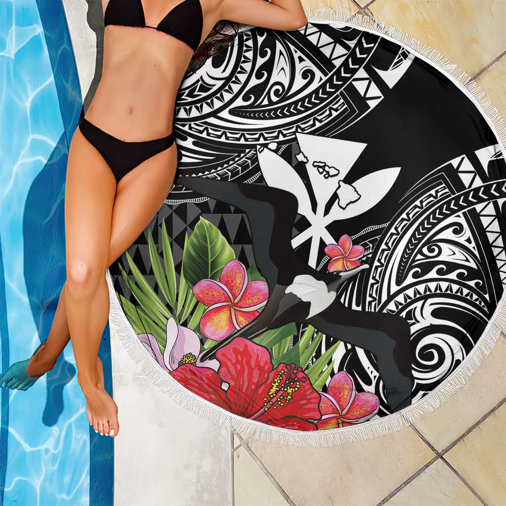 Hawaii Iwa Bird Beach Blanket Great Frigatebird Kanaka Tropical Flowers - Polynesian Pride