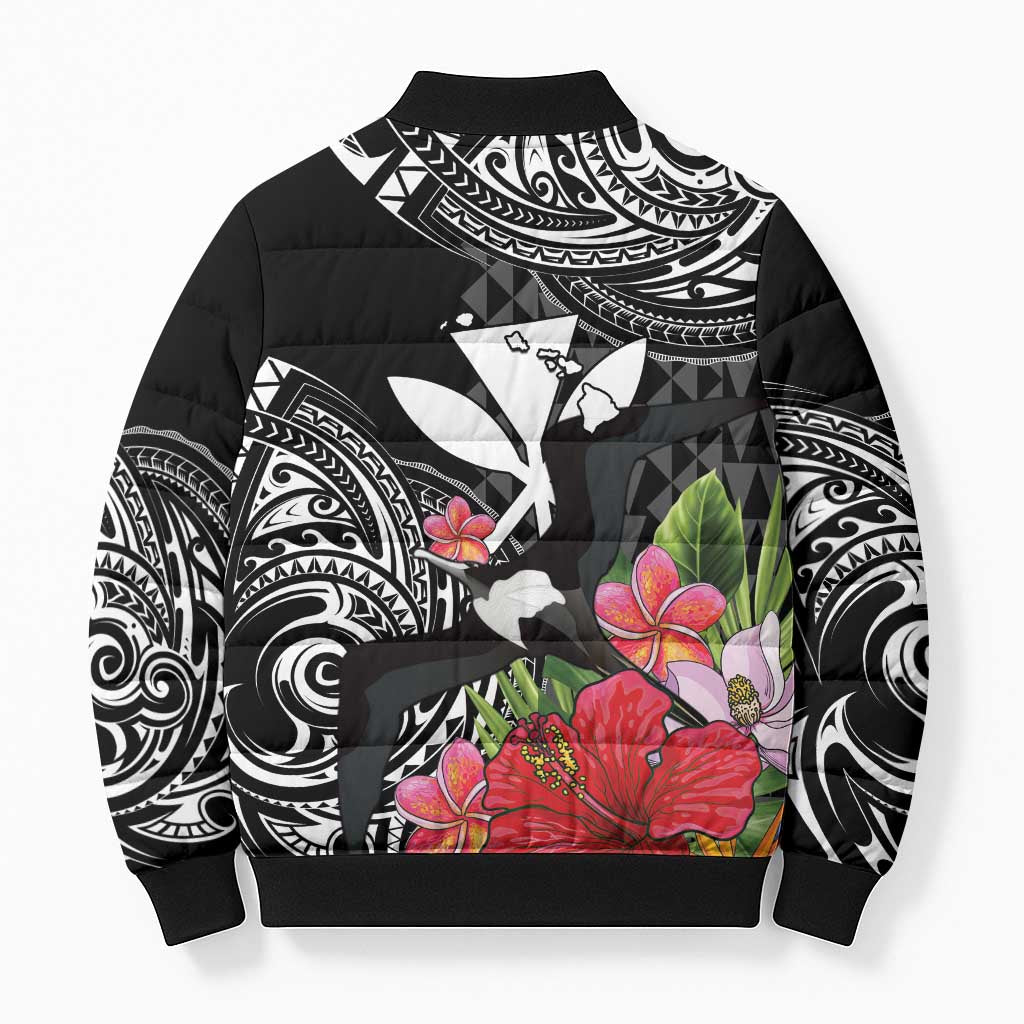 Hawaii Iwa Bird Bomber Puffer Jacket Great Frigatebird Kanaka Tropical Flowers - Polynesian Pride
