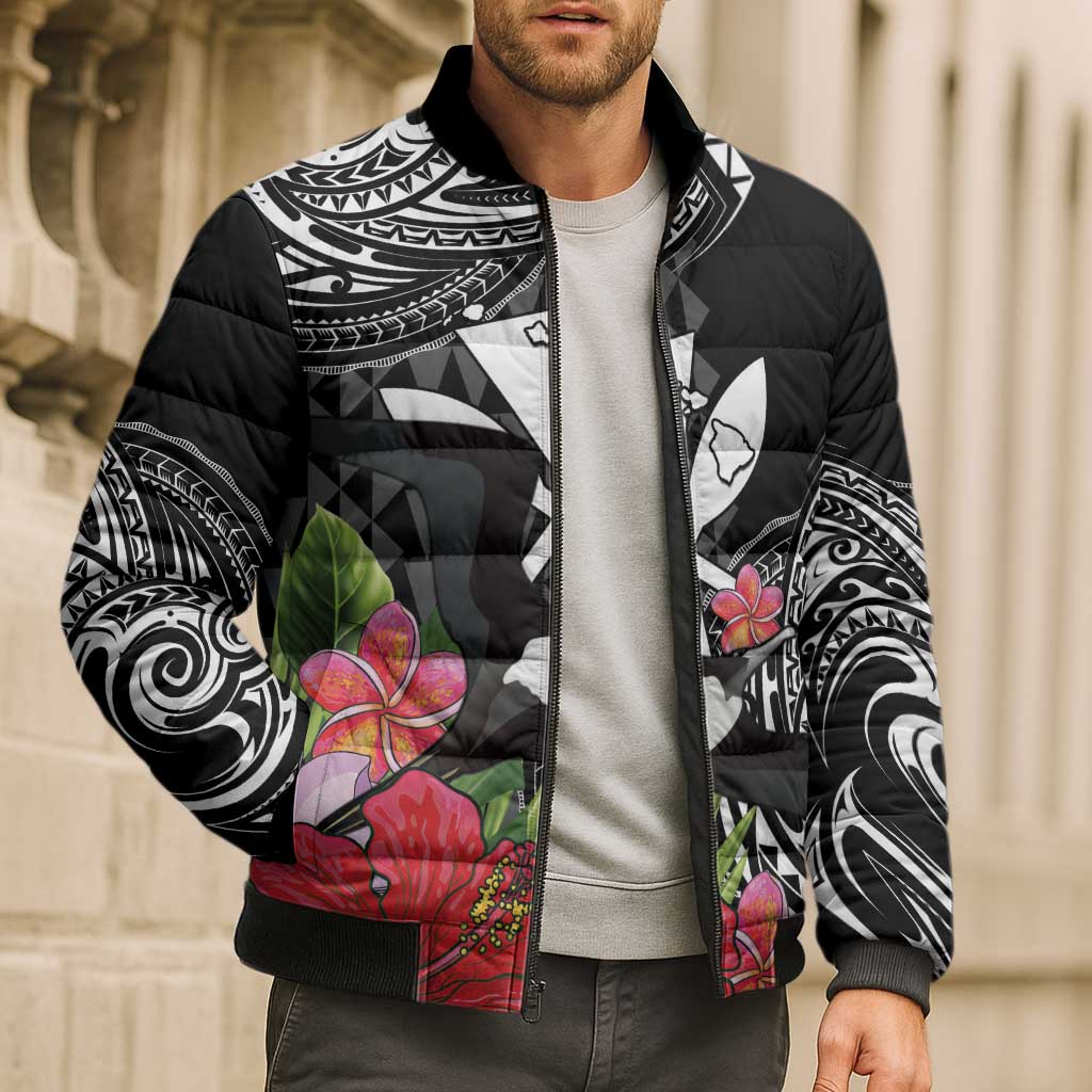 Hawaii Iwa Bird Bomber Puffer Jacket Great Frigatebird Kanaka Tropical Flowers - Polynesian Pride