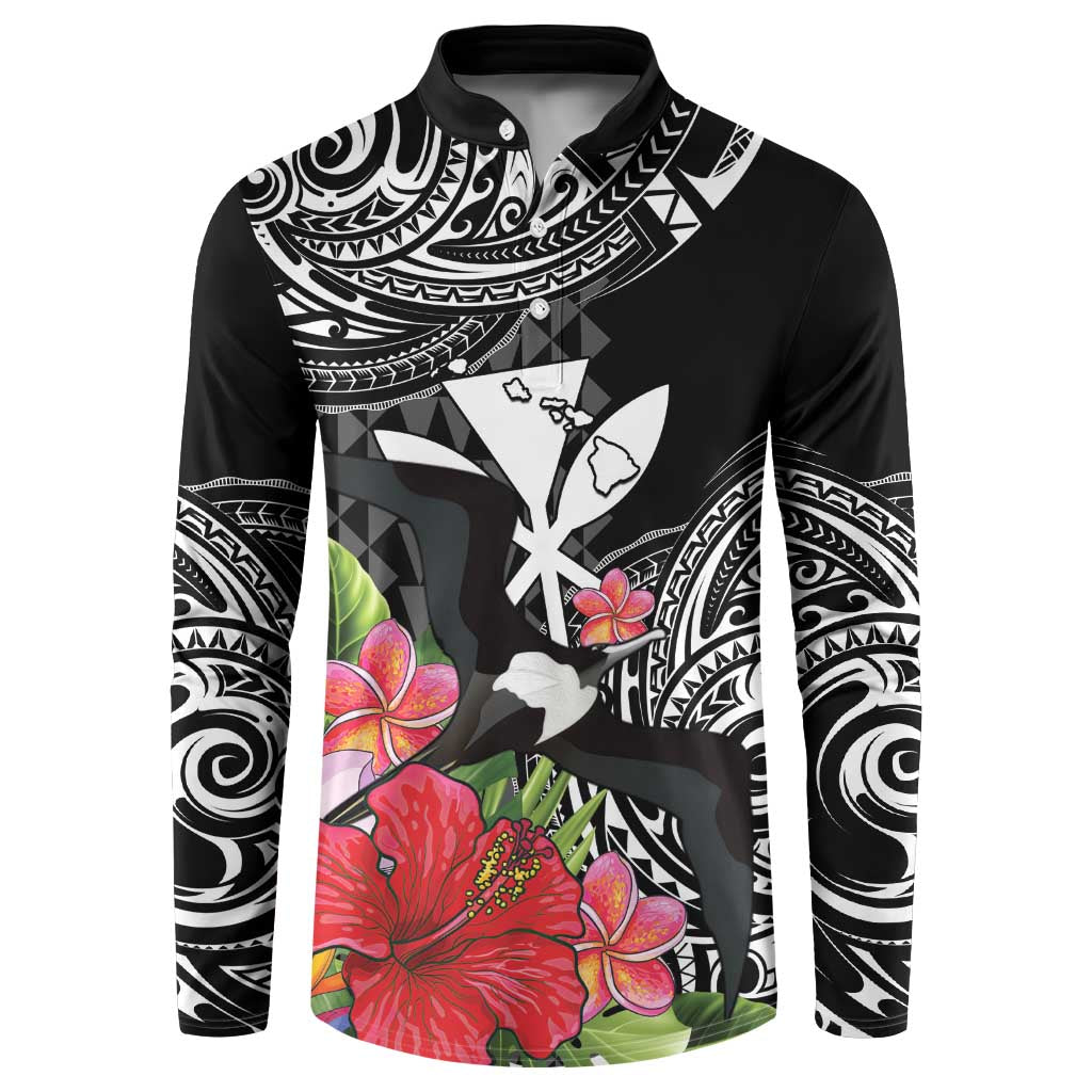Hawaii Iwa Bird Button Sweatshirt Great Frigatebird Kanaka Tropical Flowers - Polynesian Pride
