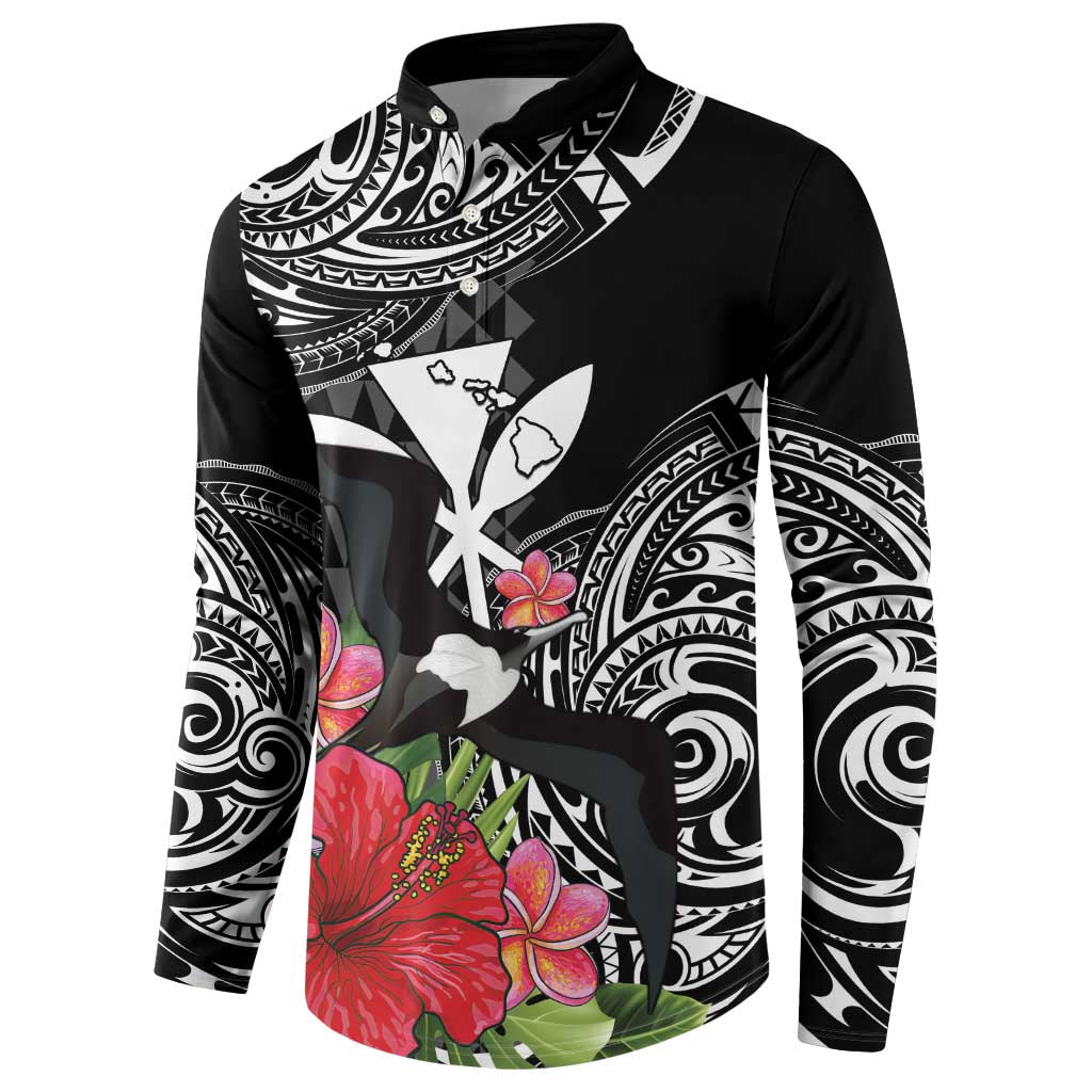 Hawaii Iwa Bird Button Sweatshirt Great Frigatebird Kanaka Tropical Flowers - Polynesian Pride
