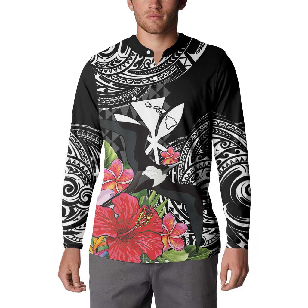 Hawaii Iwa Bird Button Sweatshirt Great Frigatebird Kanaka Tropical Flowers - Polynesian Pride