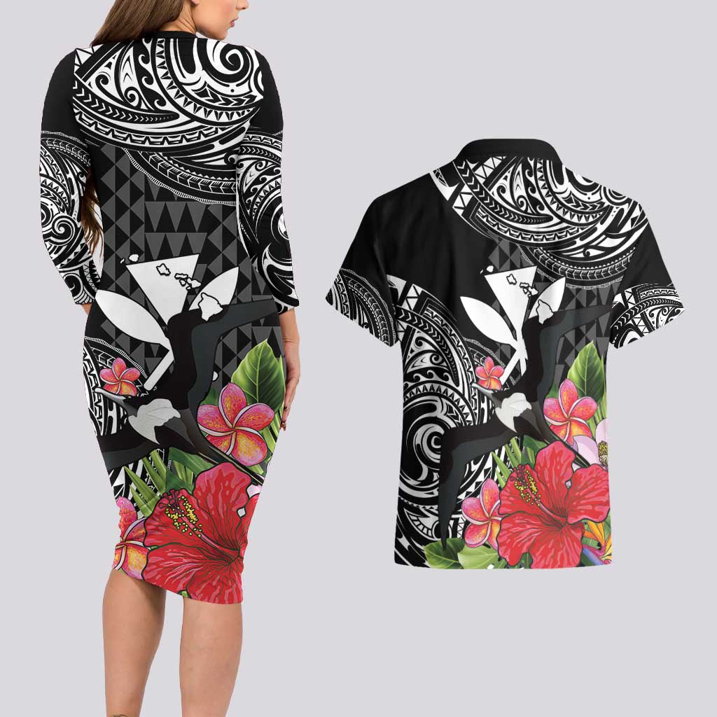 Hawaii Iwa Bird Couples Matching Long Sleeve Bodycon Dress and Hawaiian Shirt Great Frigatebird Kanaka Tropical Flowers - Polynesian Pride