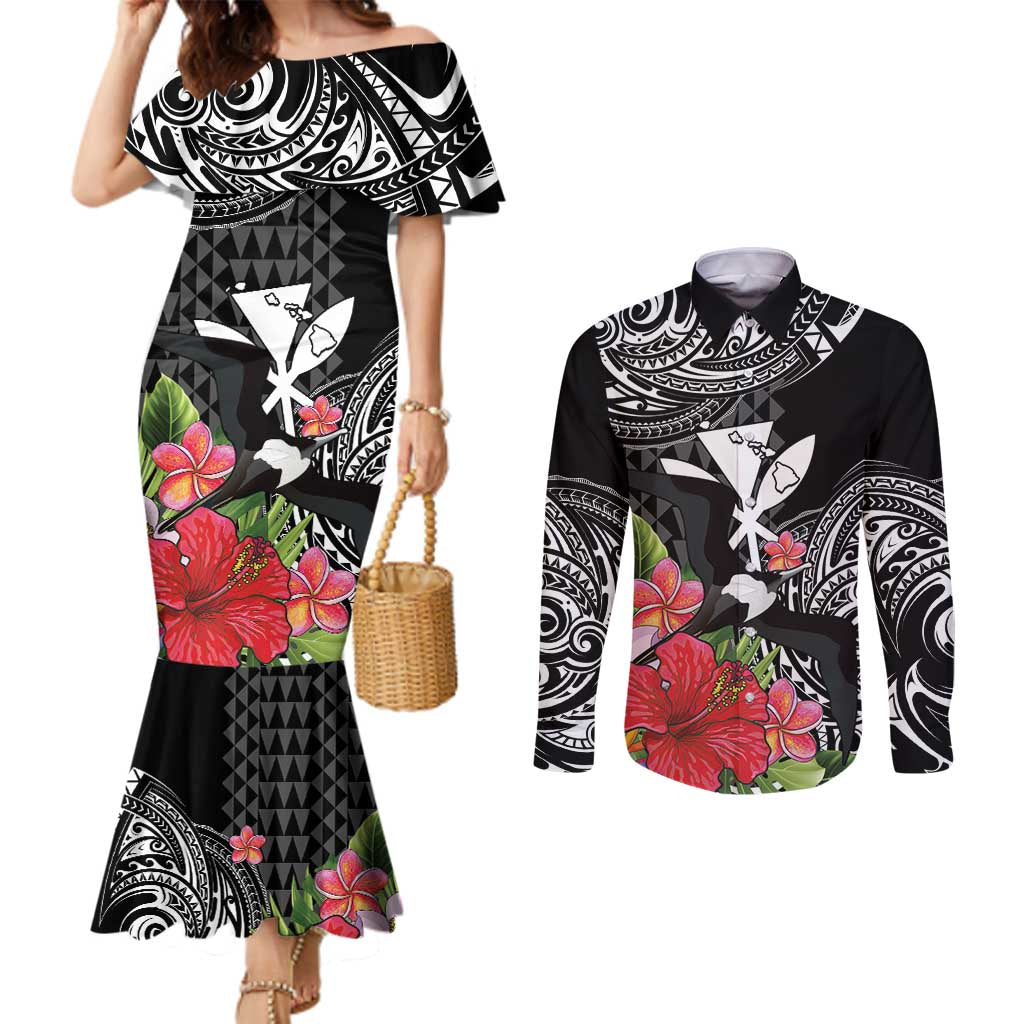 Hawaii Iwa Bird Couples Matching Mermaid Dress and Long Sleeve Button Shirt Great Frigatebird Kanaka Tropical Flowers - Polynesian Pride