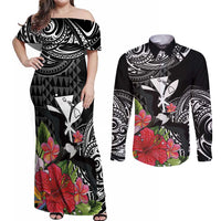 Hawaii Iwa Bird Couples Matching Off Shoulder Maxi Dress and Long Sleeve Button Shirt Great Frigatebird Kanaka Tropical Flowers - Polynesian Pride