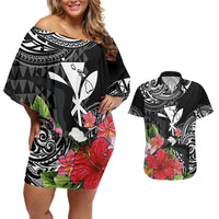 Hawaii Iwa Bird Couples Matching Off Shoulder Short Dress and Hawaiian Shirt Great Frigatebird Kanaka Tropical Flowers - Polynesian Pride
