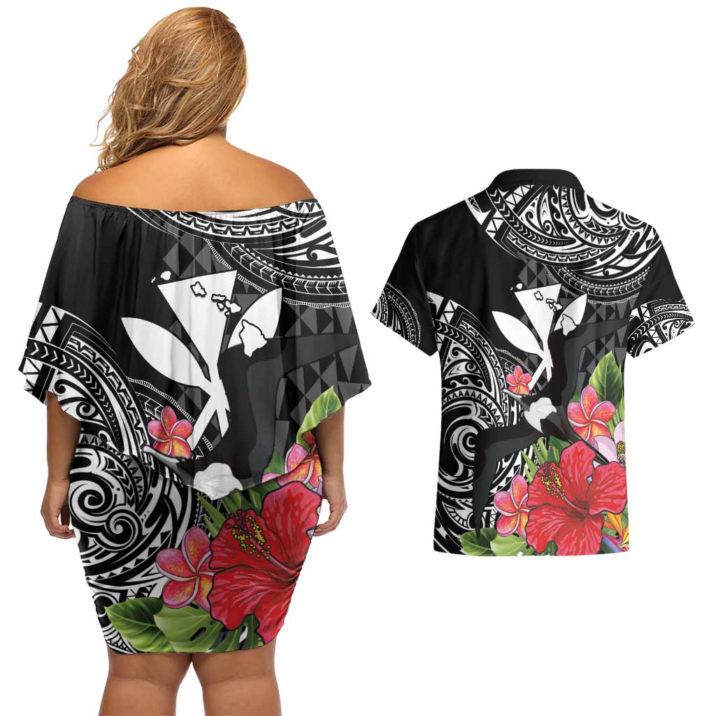 Hawaii Iwa Bird Couples Matching Off Shoulder Short Dress and Hawaiian Shirt Great Frigatebird Kanaka Tropical Flowers - Polynesian Pride
