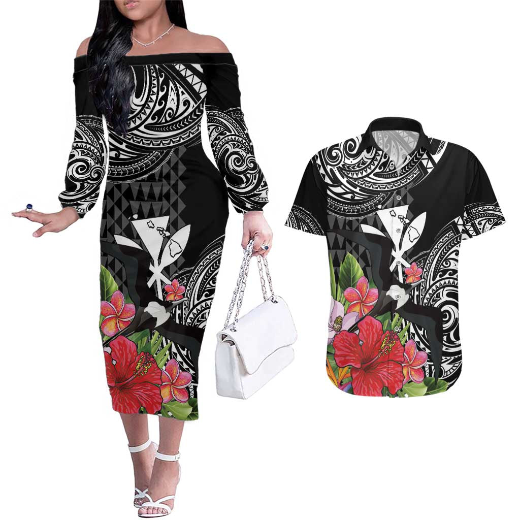 Hawaii Iwa Bird Couples Matching Off The Shoulder Long Sleeve Dress and Hawaiian Shirt Great Frigatebird Kanaka Tropical Flowers - Polynesian Pride