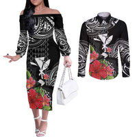 Hawaii Iwa Bird Couples Matching Off The Shoulder Long Sleeve Dress and Long Sleeve Button Shirt Great Frigatebird Kanaka Tropical Flowers - Polynesian Pride
