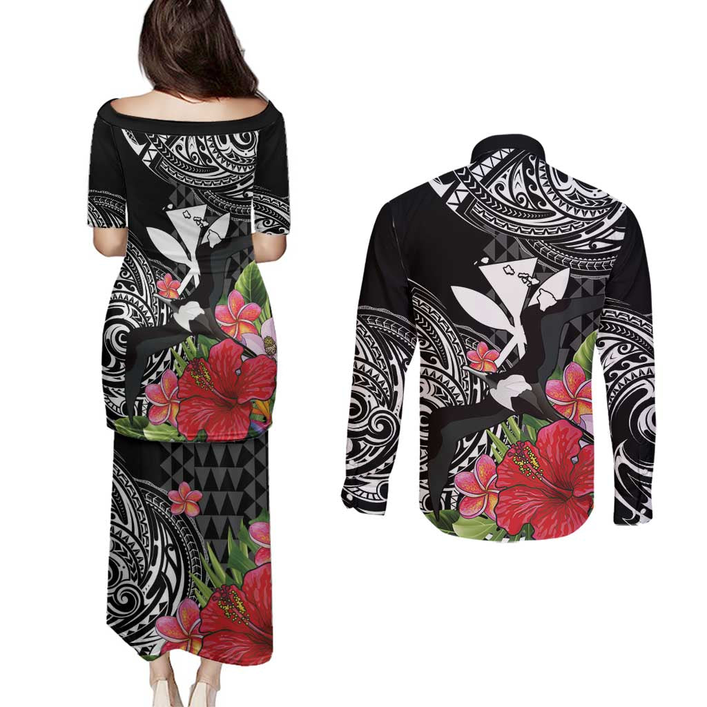 Hawaii Iwa Bird Couples Matching Puletasi and Long Sleeve Button Shirt Great Frigatebird Kanaka Tropical Flowers - Polynesian Pride
