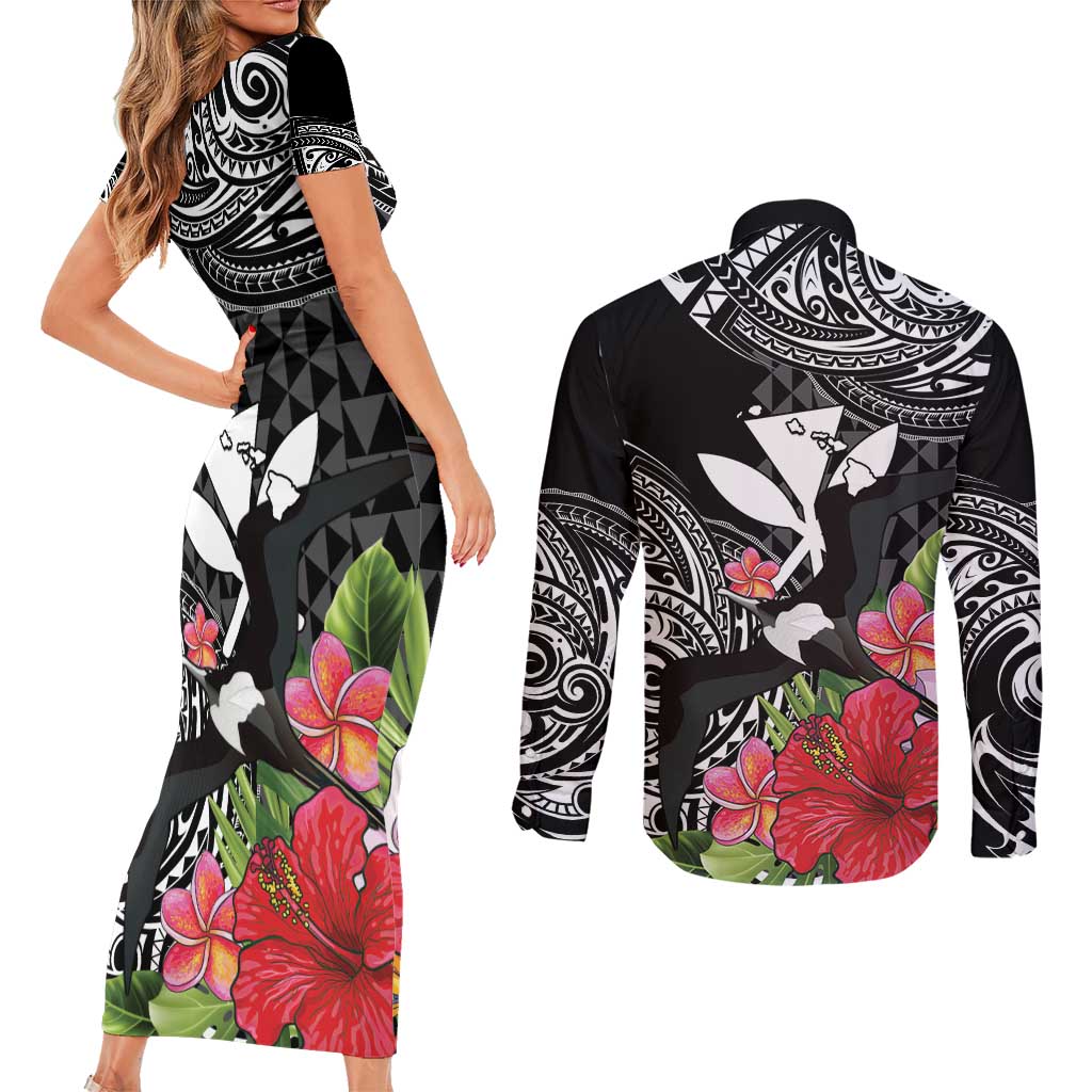 Hawaii Iwa Bird Couples Matching Short Sleeve Bodycon Dress and Long Sleeve Button Shirt Great Frigatebird Kanaka Tropical Flowers - Polynesian Pride