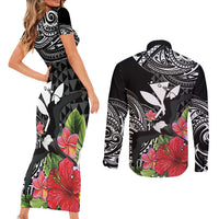 Hawaii Iwa Bird Couples Matching Short Sleeve Bodycon Dress and Long Sleeve Button Shirt Great Frigatebird Kanaka Tropical Flowers - Polynesian Pride