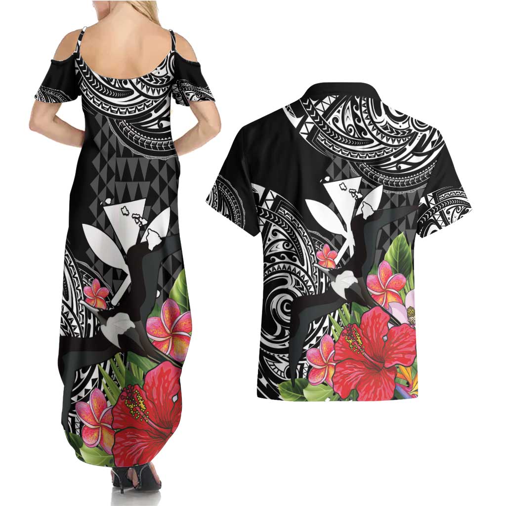 Hawaii Iwa Bird Couples Matching Summer Maxi Dress and Hawaiian Shirt Great Frigatebird Kanaka Tropical Flowers - Polynesian Pride