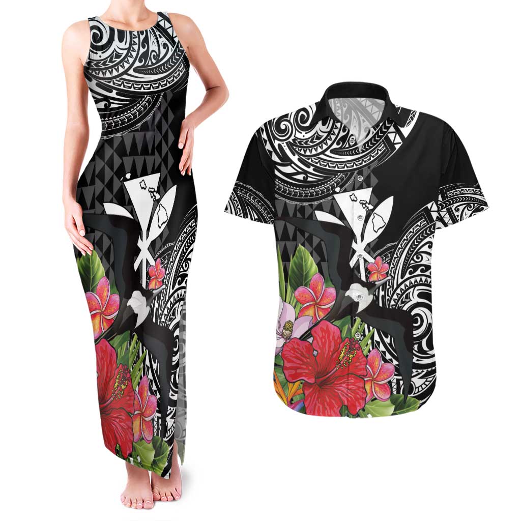 Hawaii Iwa Bird Couples Matching Tank Maxi Dress and Hawaiian Shirt Great Frigatebird Kanaka Tropical Flowers - Polynesian Pride