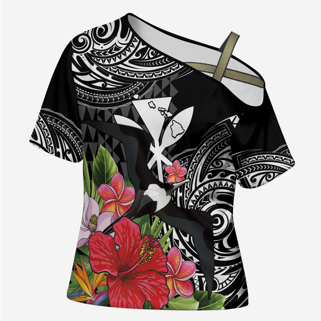 Hawaii Iwa Bird Cross Shoulder Shirt Great Frigatebird Kanaka Tropical Flowers - Polynesian Pride