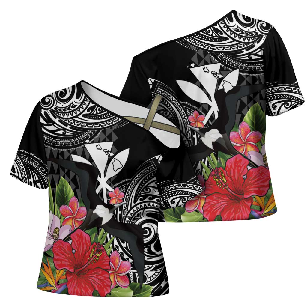 Hawaii Iwa Bird Cross Shoulder Shirt Great Frigatebird Kanaka Tropical Flowers - Polynesian Pride