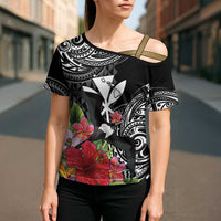 Hawaii Iwa Bird Cross Shoulder Shirt Great Frigatebird Kanaka Tropical Flowers - Polynesian Pride