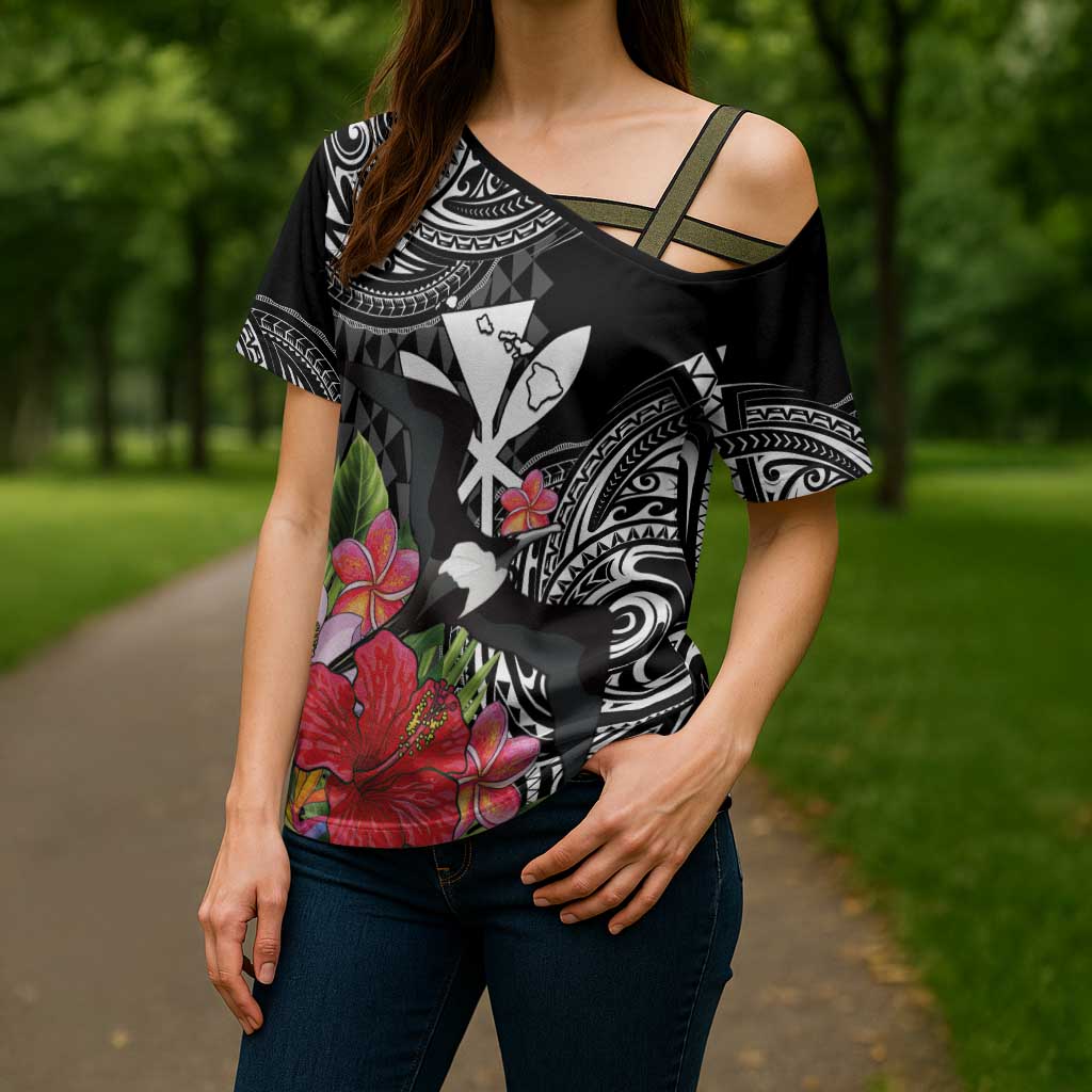 Hawaii Iwa Bird Cross Shoulder Shirt Great Frigatebird Kanaka Tropical Flowers - Polynesian Pride