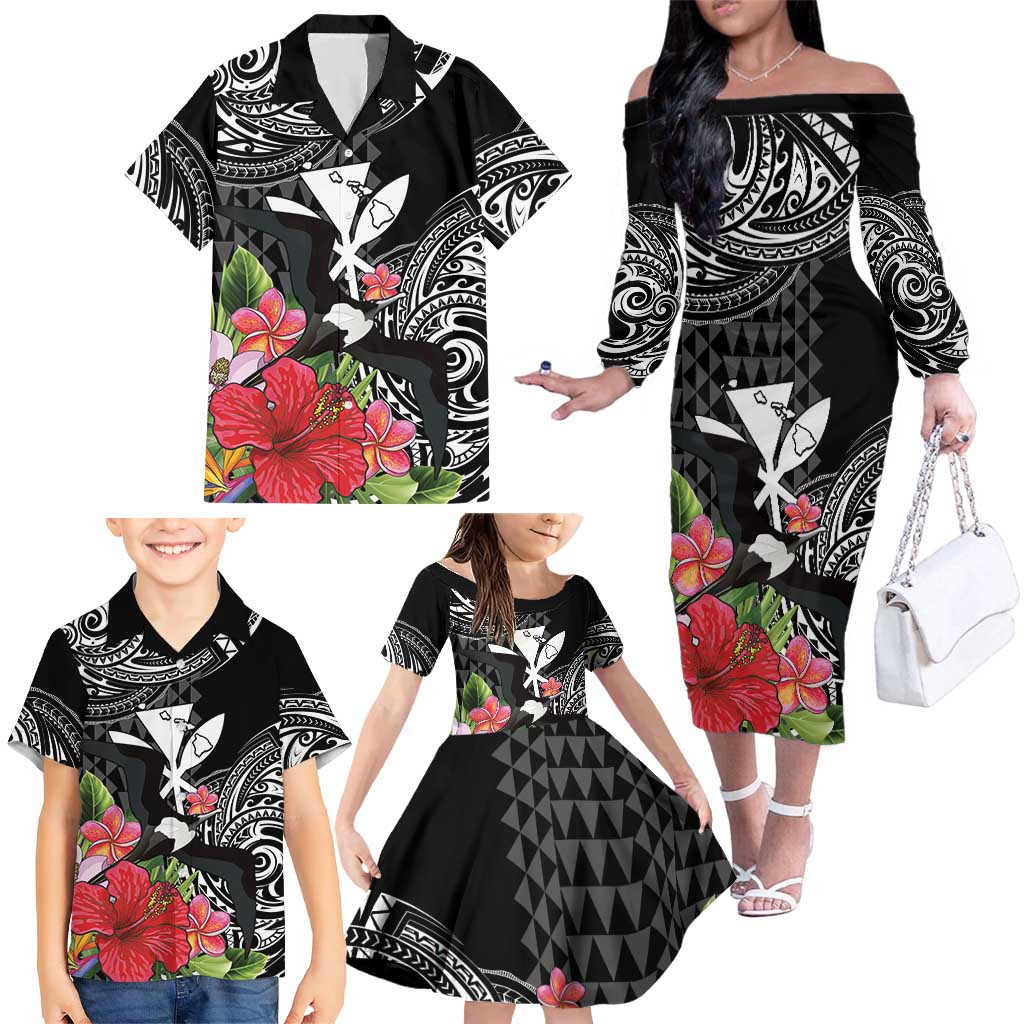 Hawaii Iwa Bird Family Matching Off The Shoulder Long Sleeve Dress and Hawaiian Shirt Great Frigatebird Kanaka Tropical Flowers LT14 - Polynesian Pride