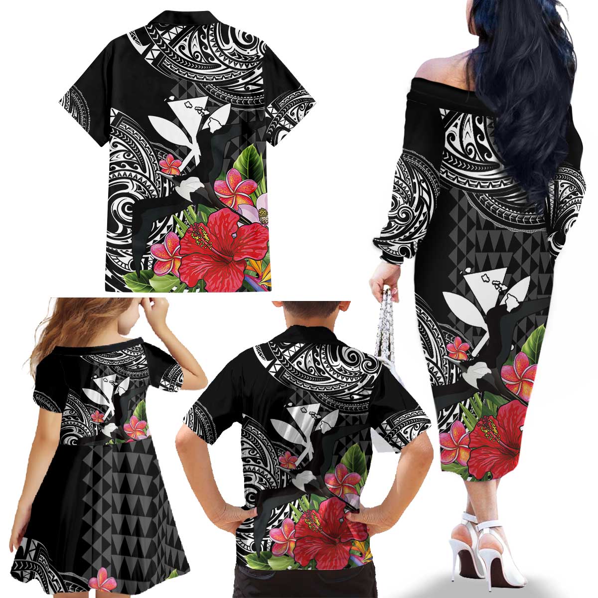 Hawaii Iwa Bird Family Matching Off The Shoulder Long Sleeve Dress and Hawaiian Shirt Great Frigatebird Kanaka Tropical Flowers - Polynesian Pride