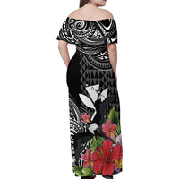 Hawaii Iwa Bird Family Matching Off Shoulder Maxi Dress and Hawaiian Shirt Great Frigatebird Kanaka Tropical Flowers - Polynesian Pride