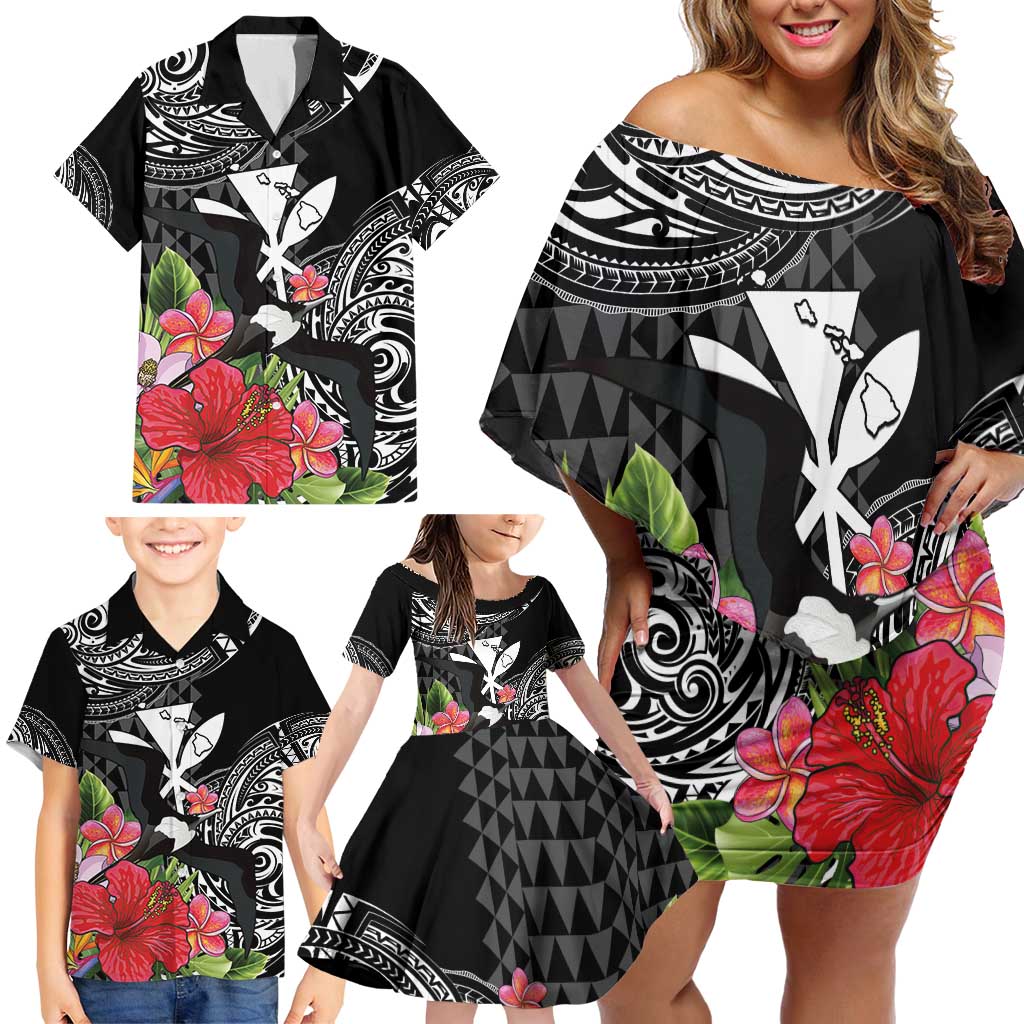 Hawaii Iwa Bird Family Matching Off Shoulder Short Dress and Hawaiian Shirt Great Frigatebird Kanaka Tropical Flowers - Polynesian Pride