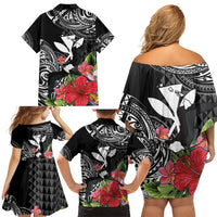 Hawaii Iwa Bird Family Matching Off Shoulder Short Dress and Hawaiian Shirt Great Frigatebird Kanaka Tropical Flowers - Polynesian Pride