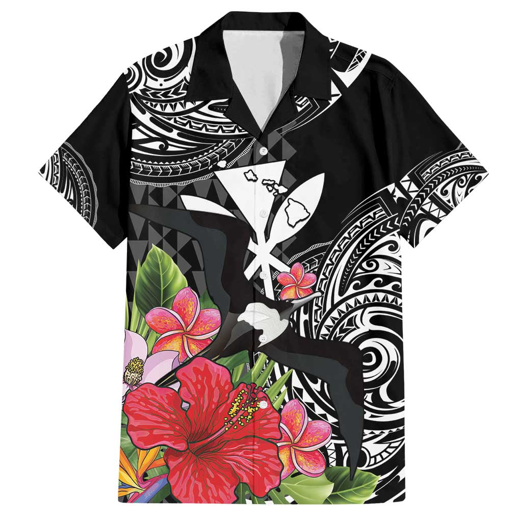 Hawaii Iwa Bird Family Matching Off Shoulder Short Dress and Hawaiian Shirt Great Frigatebird Kanaka Tropical Flowers - Polynesian Pride
