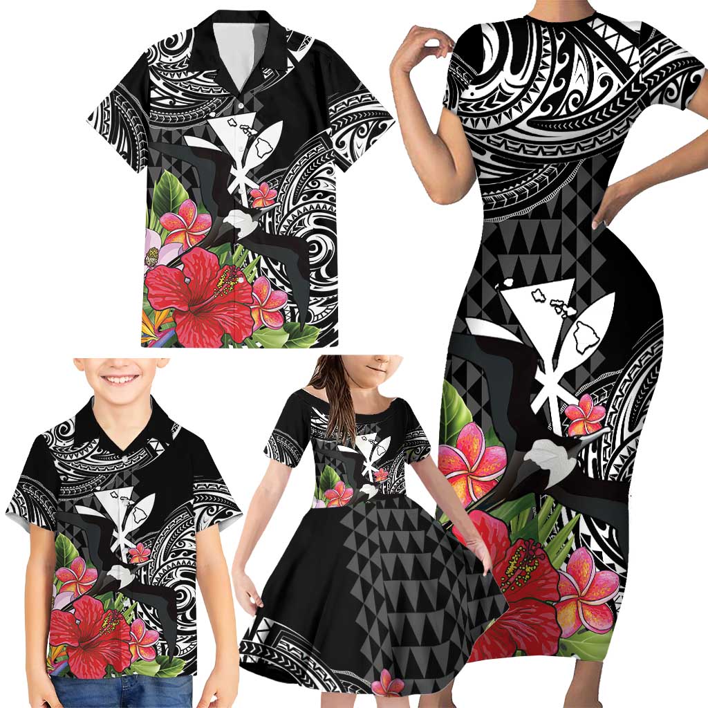 Hawaii Iwa Bird Family Matching Short Sleeve Bodycon Dress and Hawaiian Shirt Great Frigatebird Kanaka Tropical Flowers LT14 - Polynesian Pride