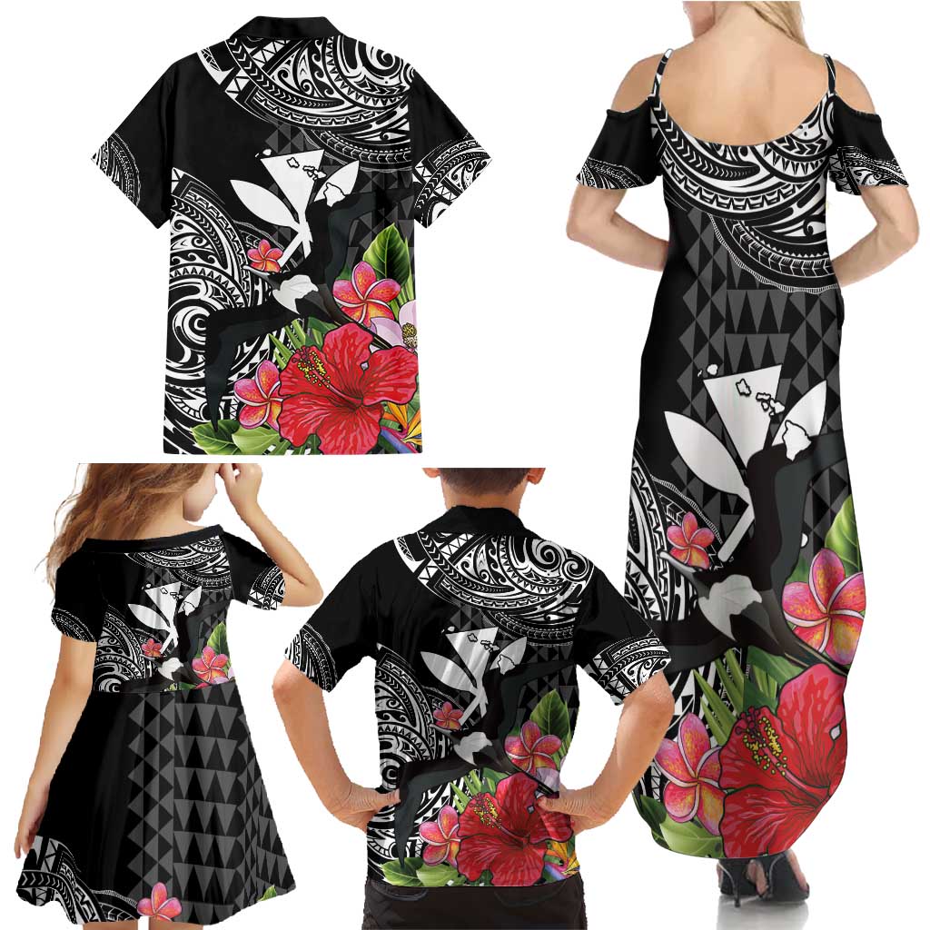 Hawaii Iwa Bird Family Matching Summer Maxi Dress and Hawaiian Shirt Great Frigatebird Kanaka Tropical Flowers - Polynesian Pride