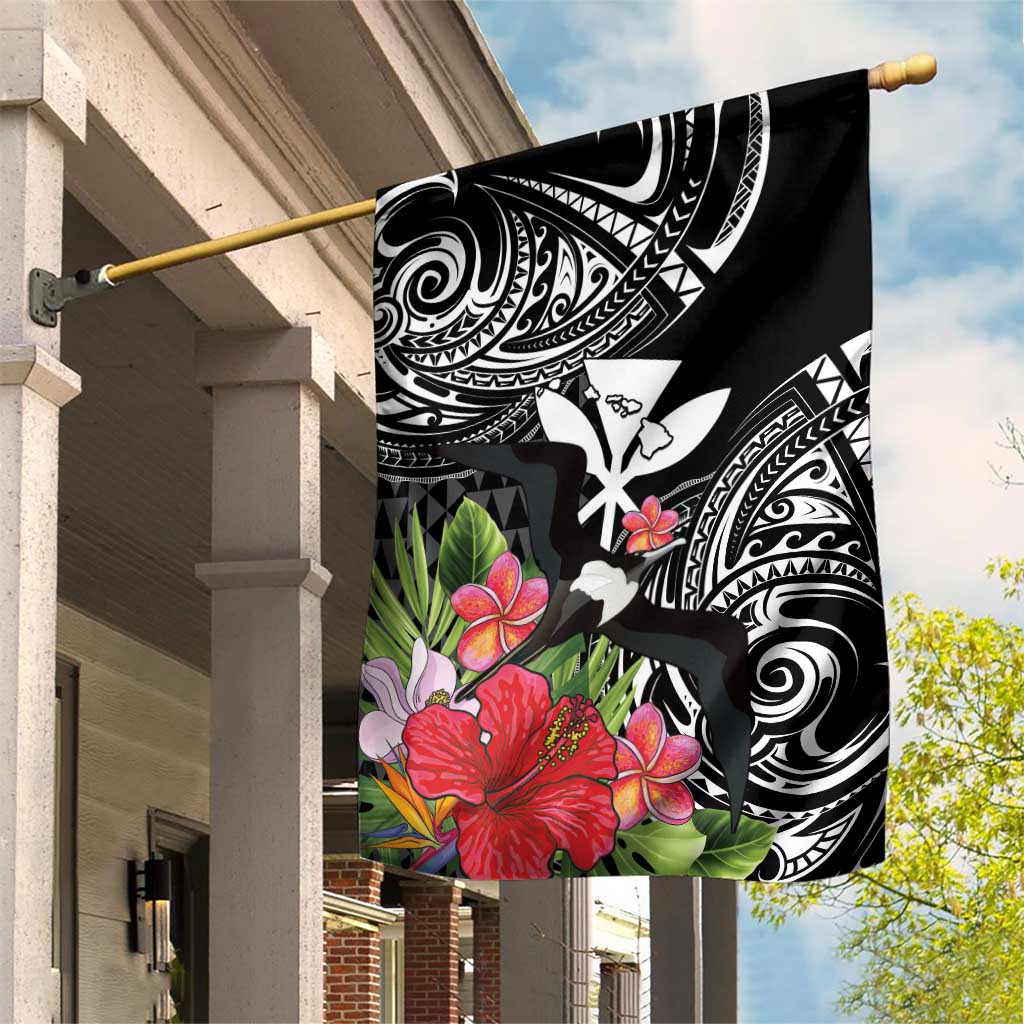 Hawaii Iwa Bird Garden Flag Great Frigatebird Kanaka Tropical Flowers LT14 House Flag Black - Polynesian Pride