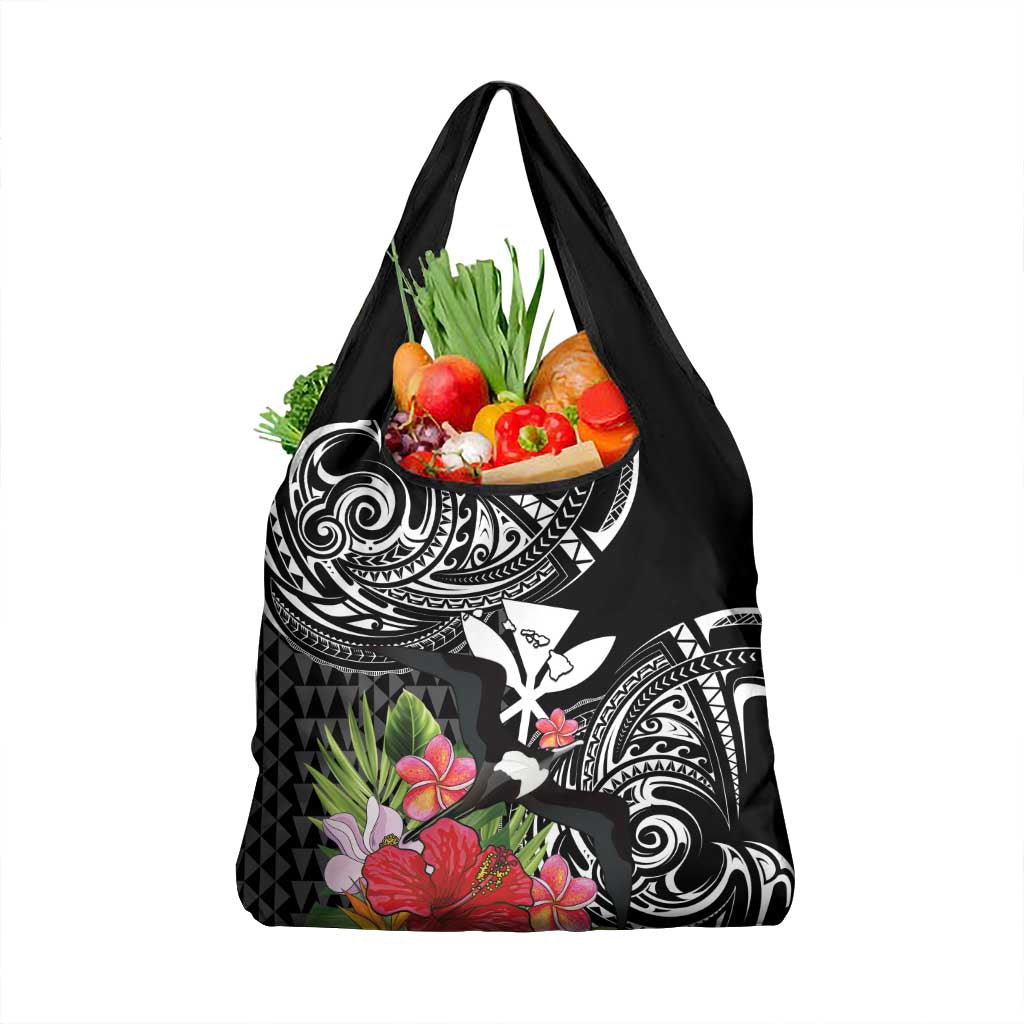 Hawaii Iwa Bird Grocery Bag Great Frigatebird Kanaka Tropical Flowers LT14 1-pack One Size Black - Polynesian Pride