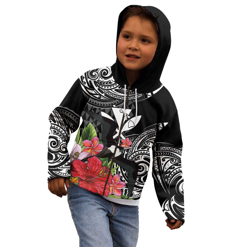 Hawaii Iwa Bird Kid Hoodie Great Frigatebird Kanaka Tropical Flowers - Polynesian Pride