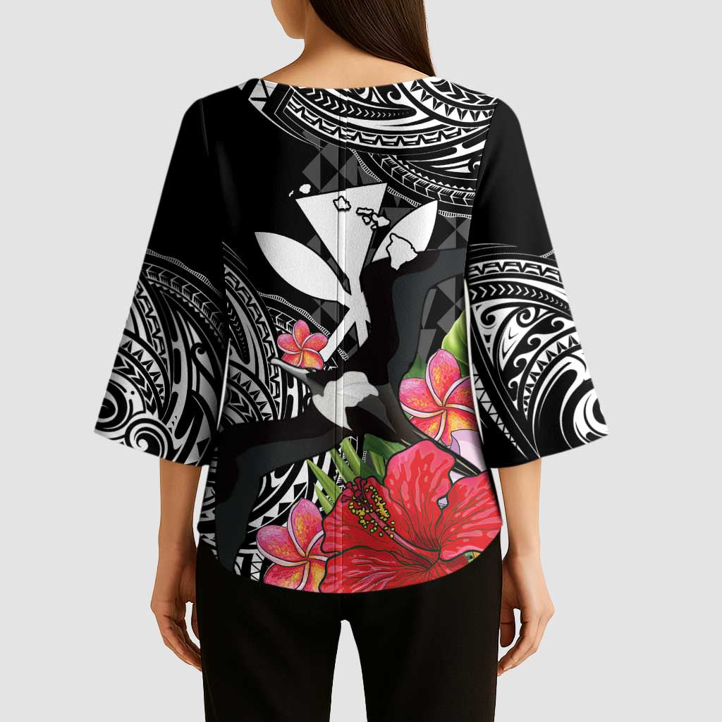 Hawaii Iwa Bird Kimono Sleeve Blouse Great Frigatebird Kanaka Tropical Flowers - Polynesian Pride