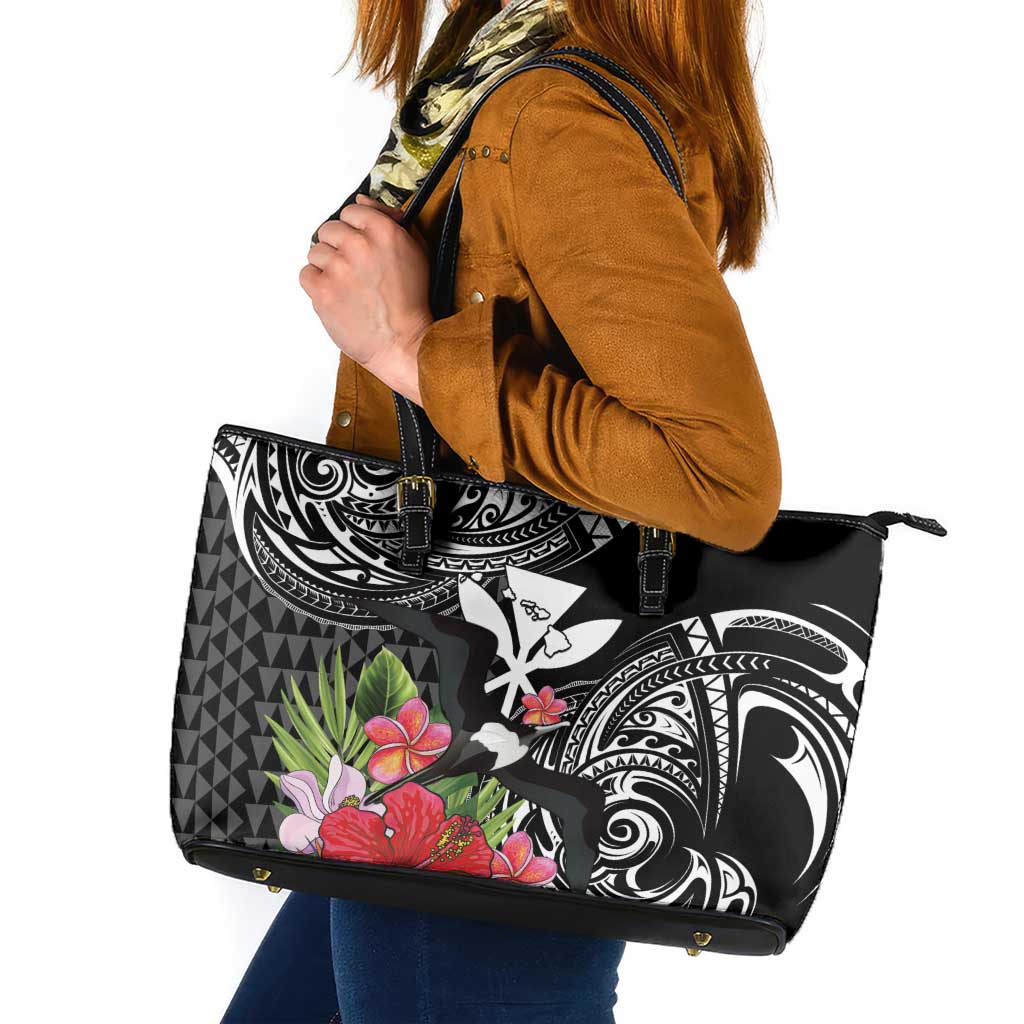 Hawaii Iwa Bird Leather Tote Bag Great Frigatebird Kanaka Tropical Flowers - Polynesian Pride