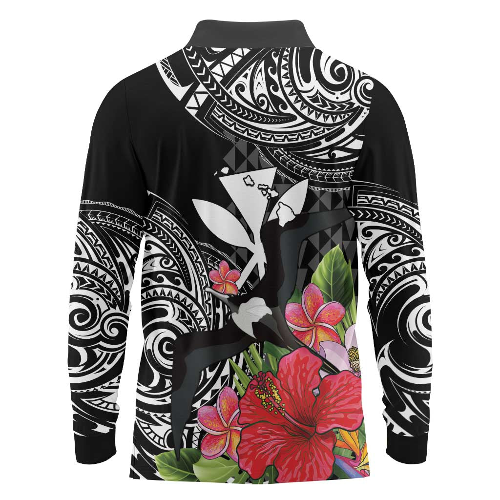 Hawaii Iwa Bird Long Sleeve Polo Shirt Great Frigatebird Kanaka Tropical Flowers - Polynesian Pride
